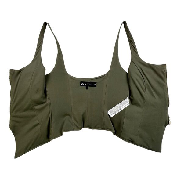 Zara Vest Women’s XS Olive Green Pockets Military Tank Stretch Front Zip - Picture 6 of 12
